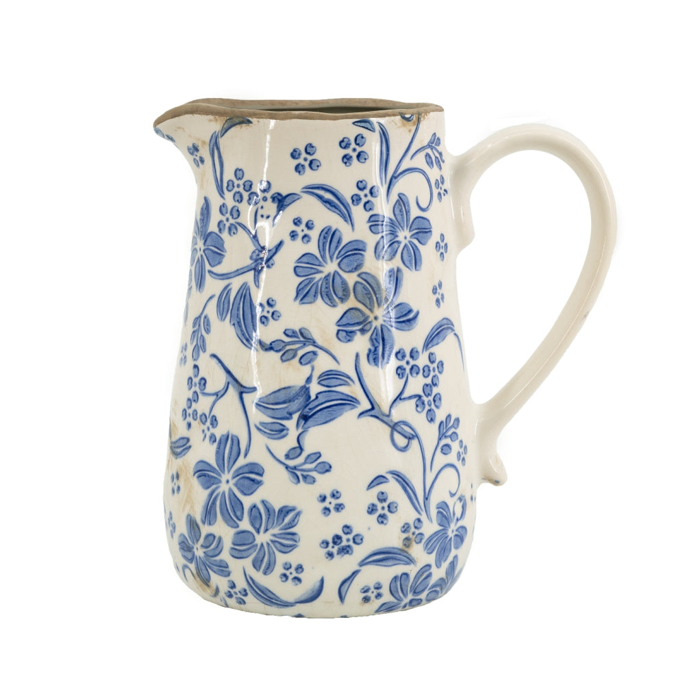 Ceramic pitcher with blue floral pattern on a white background