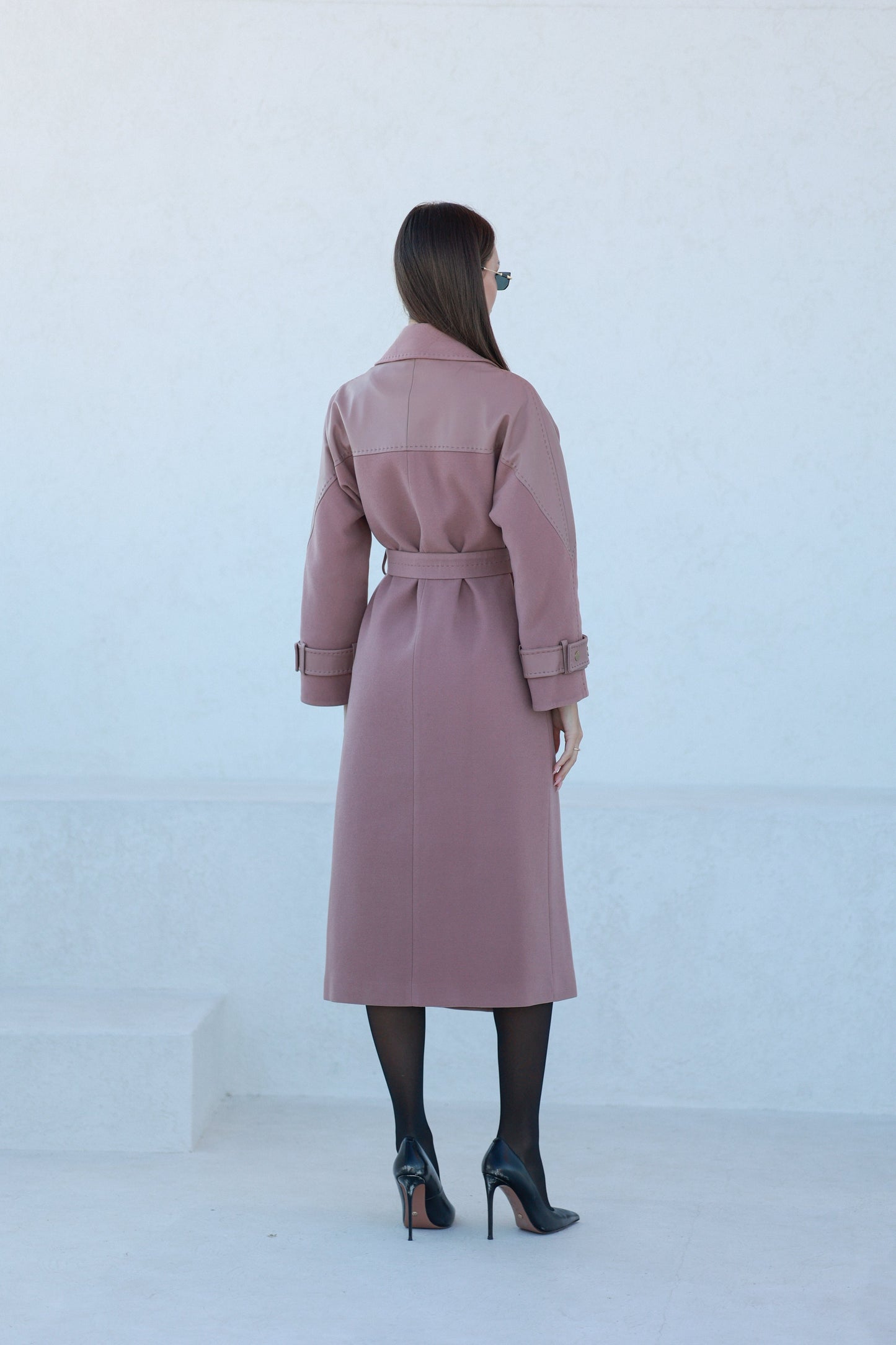 Rose Leather Trim Cashmere Blend Overcoat