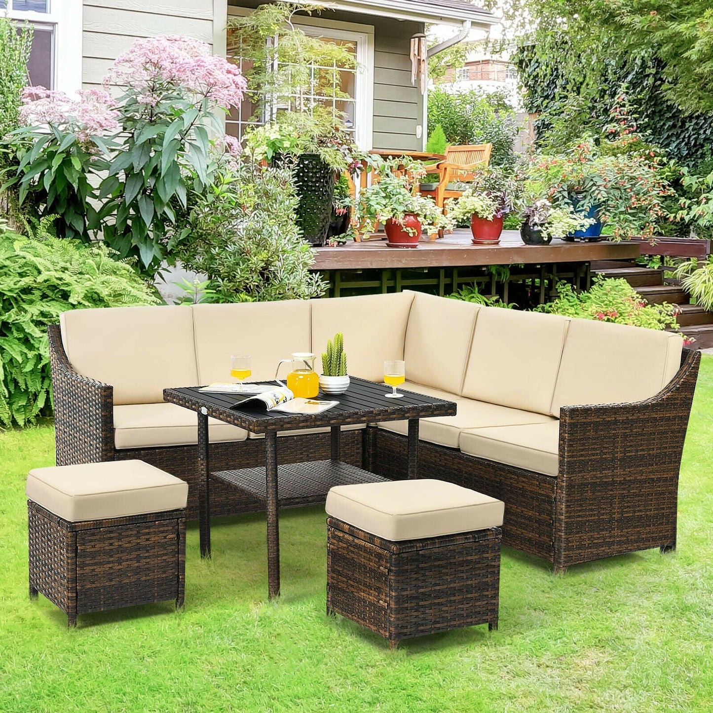 Luxury Outdoor Retreat Dining Set with Ottomans