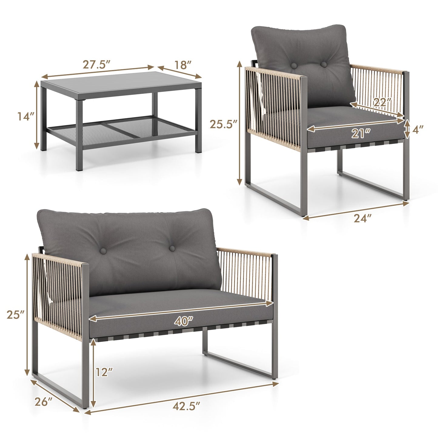 4 Pieces Outdoor PE Rattan Conversation Sofa Set with Cushions-Grey