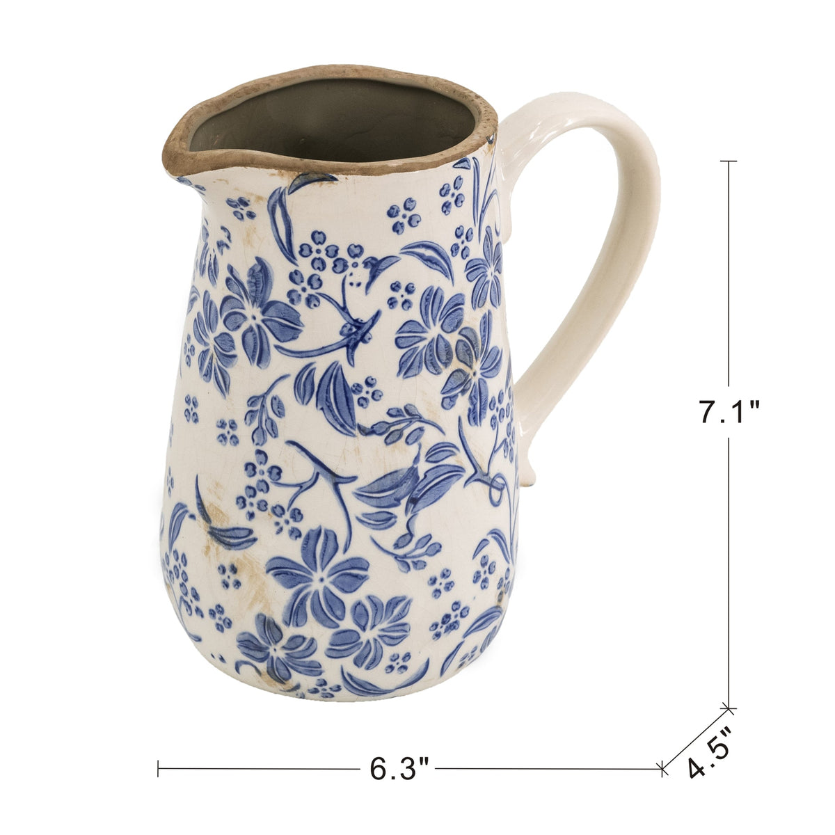 Ceramic pitcher with blue floral pattern and measurements on a white background
