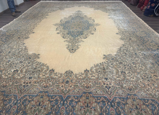 Palace Size Persian Kerman Rug 12x18, Floral Semi Open Field, Signed, Fine 240 KPSI