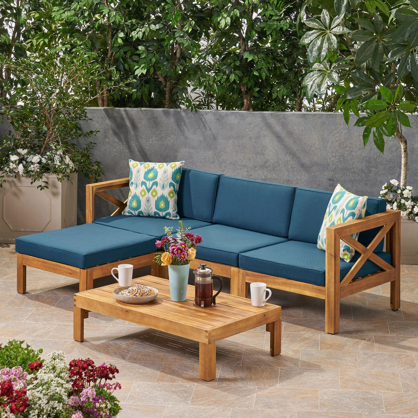 Outdoor L-Shaped Sofa Set with Coffee Table Dark Blue Cushions Teak 5-piece