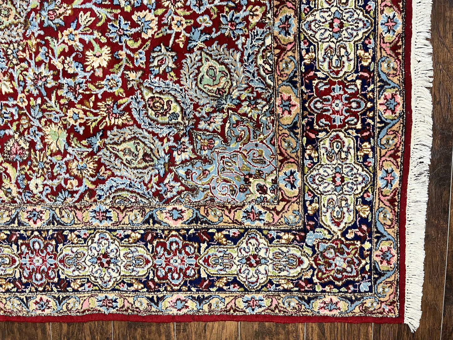 Persian Kirman Rug 7x10, Hand Knotted Wool Floral Medallion Carpet, Dark Red