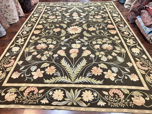 Large Needlepoint Rug 11x16, Dark Green Floral Elegant European Design Vintage Wool Handmade Carpet, Palace Size Rug