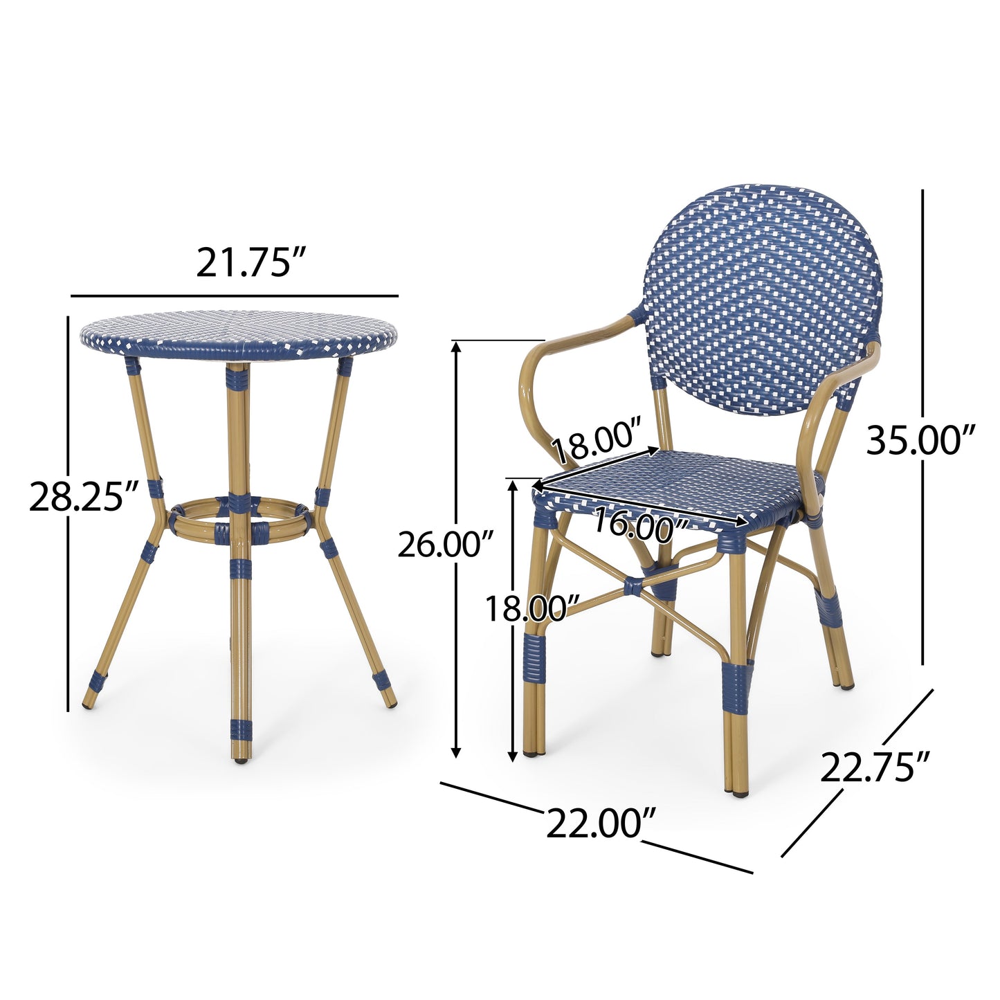 Outdoor PE Rattan and Aluminum 3 Piece French Bistro Set, Dark Teal & White,