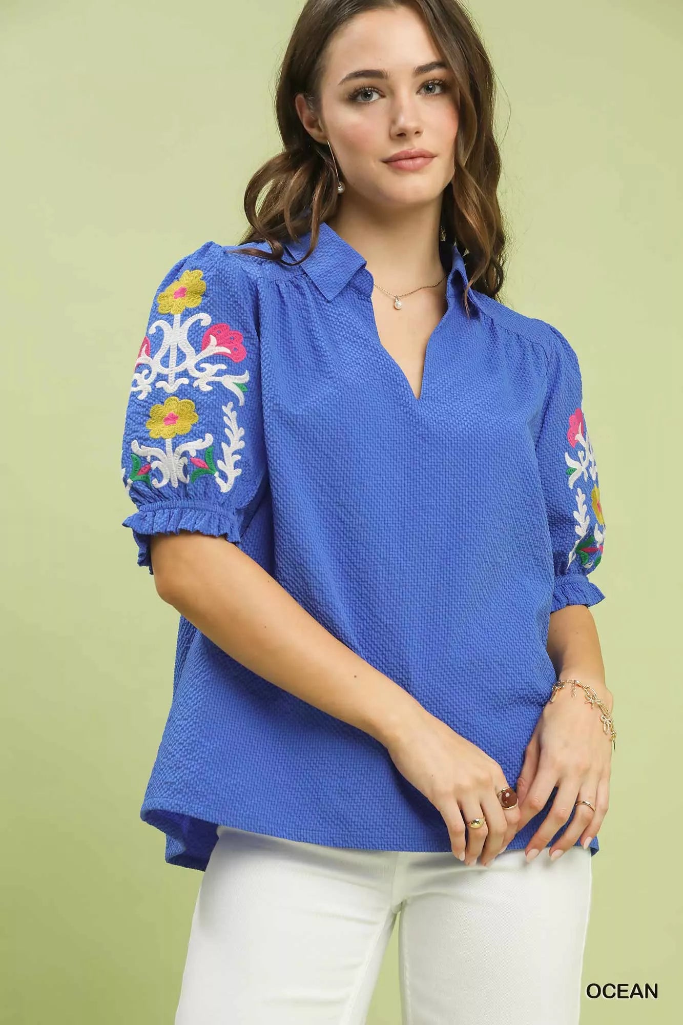 Seersucker Embroidered Sleeve Blouse