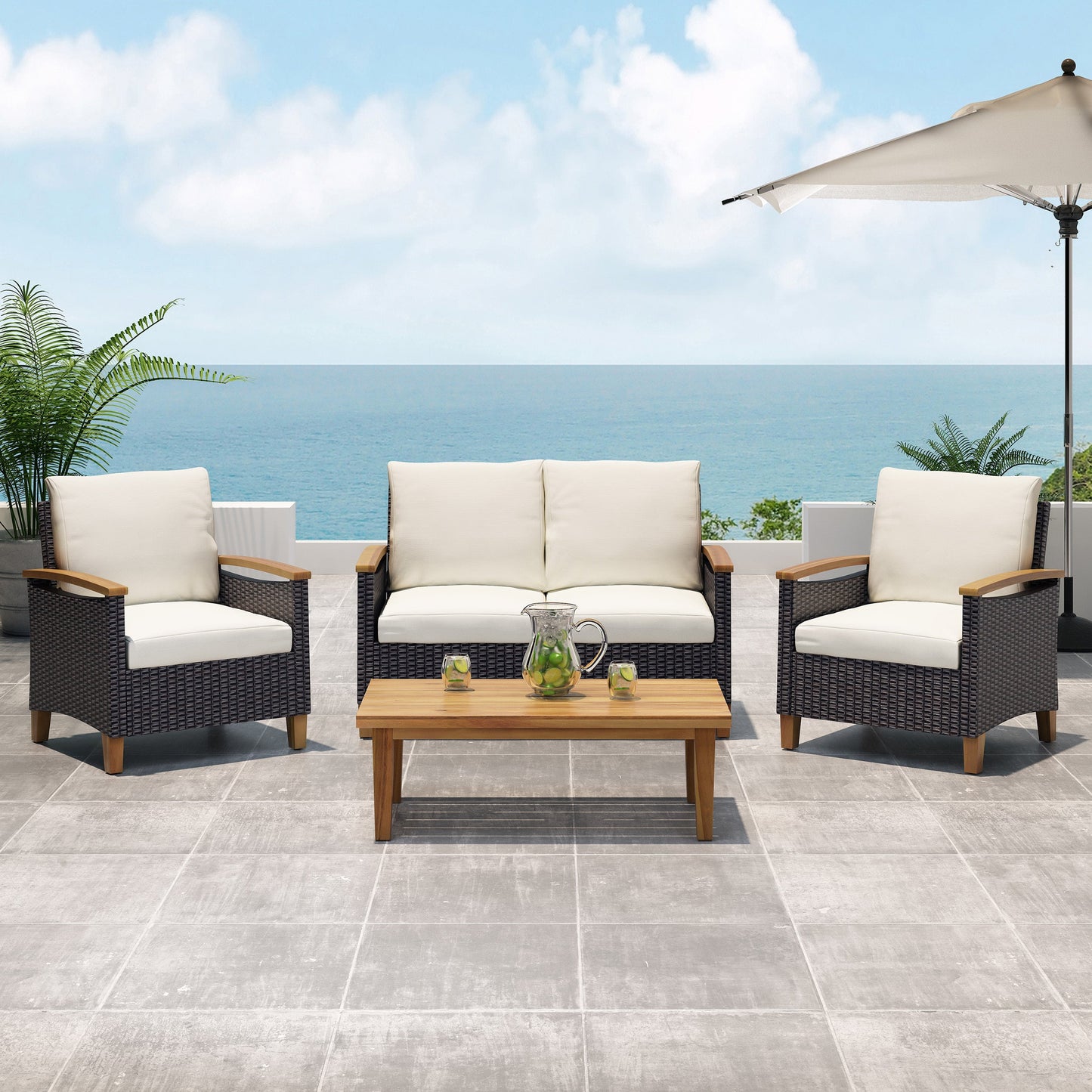 Outdoor Set: Transitional Teak Wood and Pe Rattan with Water Resistant Cushions