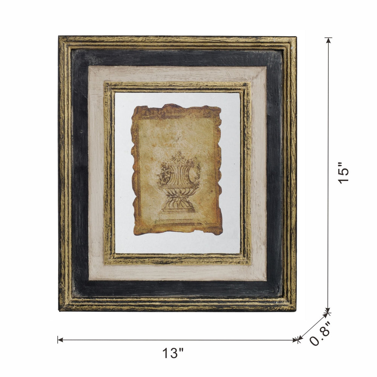 Framed artwork with a decorative border and measurements on a white background