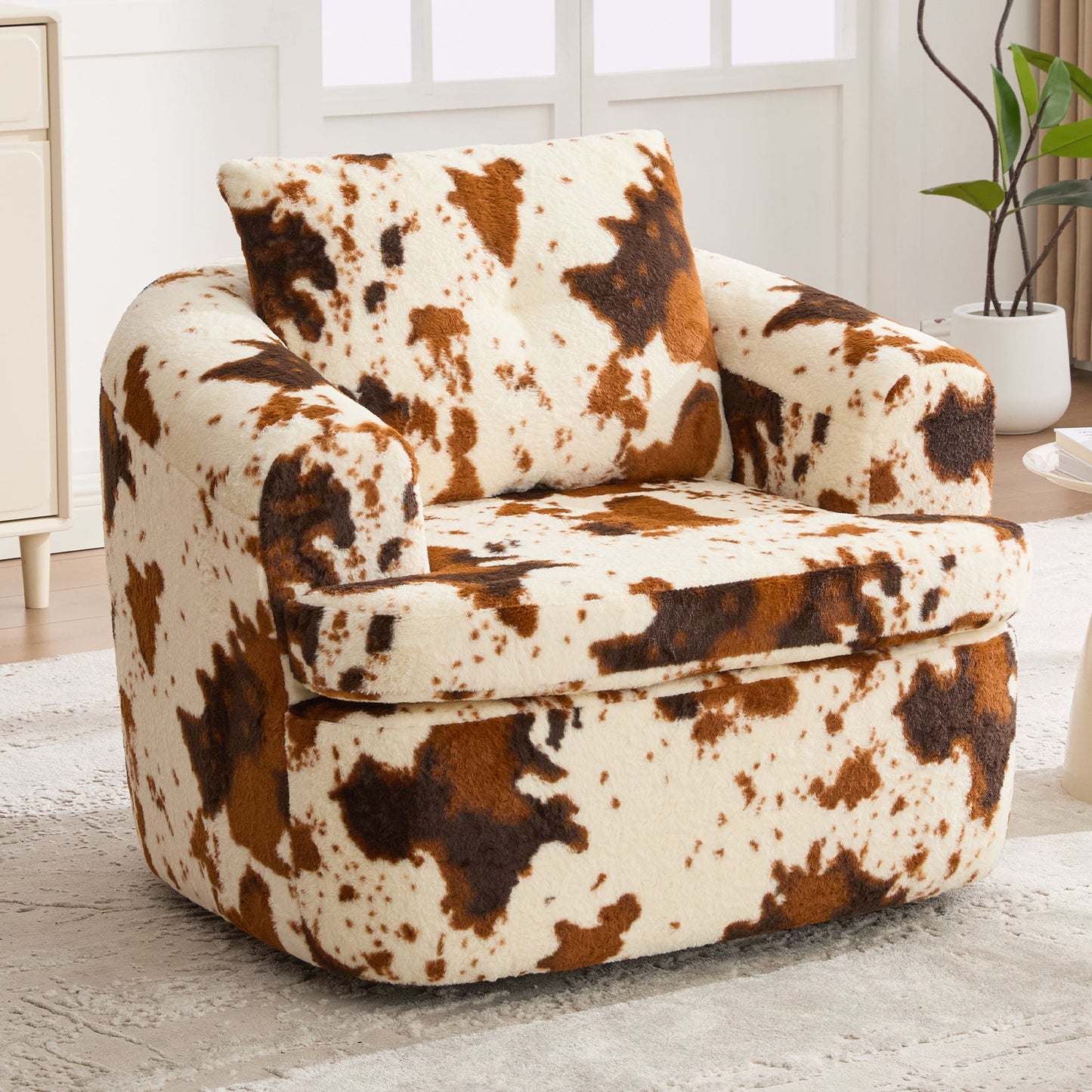 Swivel Accent Chair 360 Degree Faux Fur Beige Dual-Layer Cushion 36.6x36.5 In