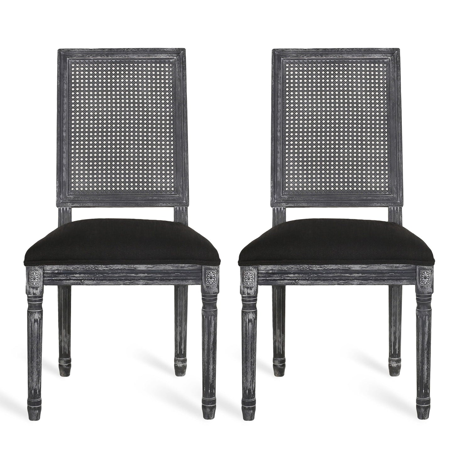 French Country Dining Chair With Rectangular Cane Backrest And Smooth Upholstered Seating