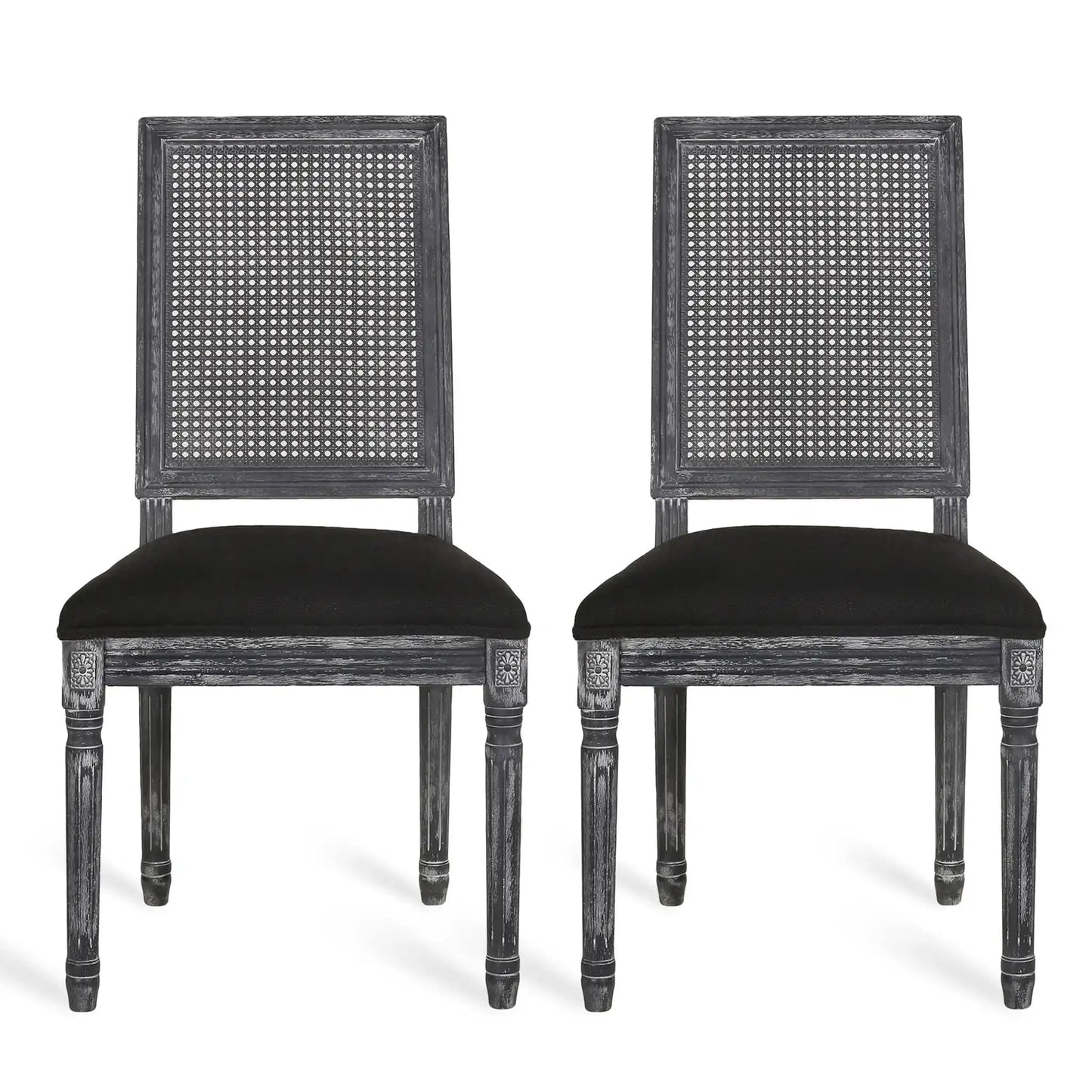 French Country Dining Chair With Rectangular Cane Backrest And Smooth Upholstered Seating
