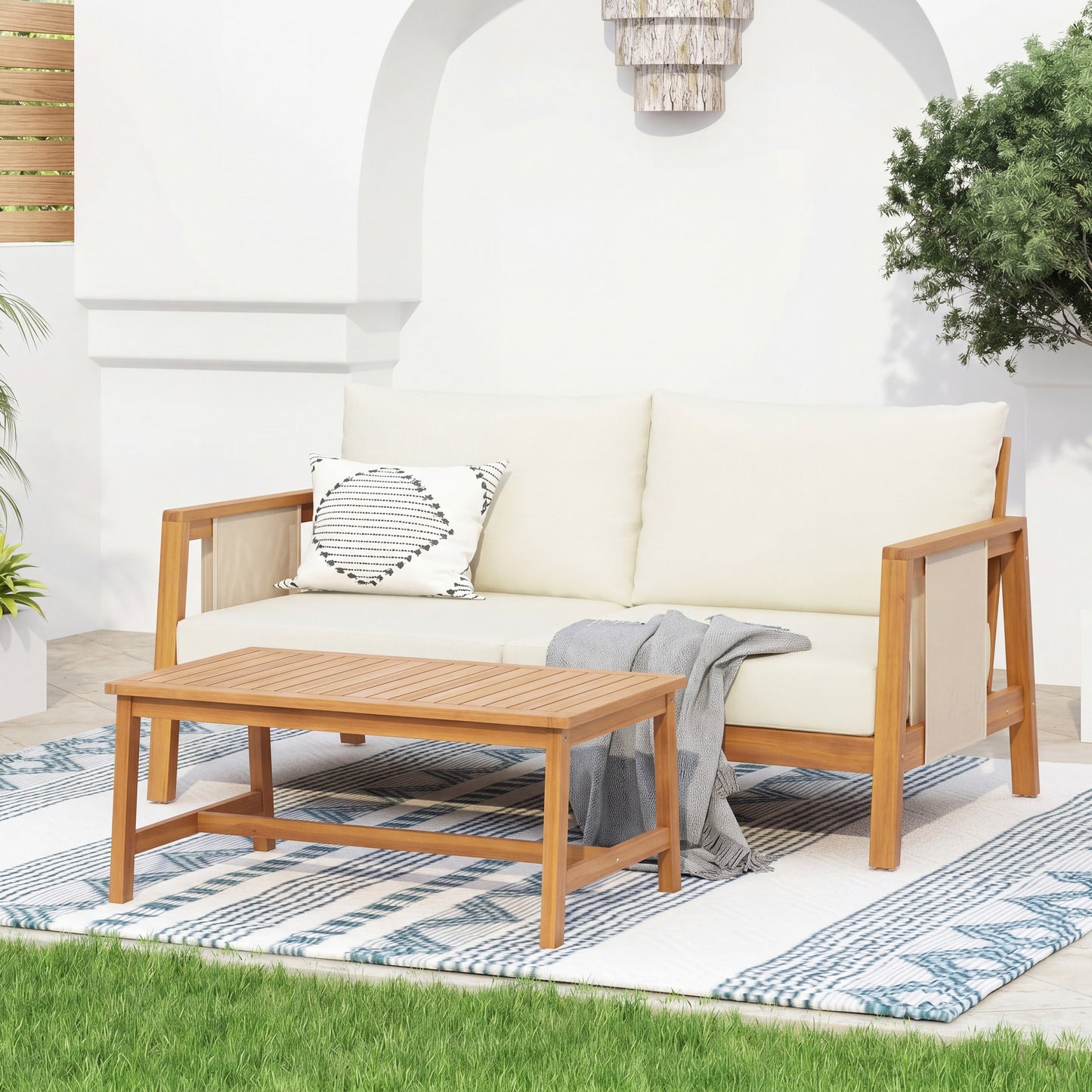 Outdoor Sofa Set Two Piece Acacia Wood Teak Finish Beige Cushions Coffee Table