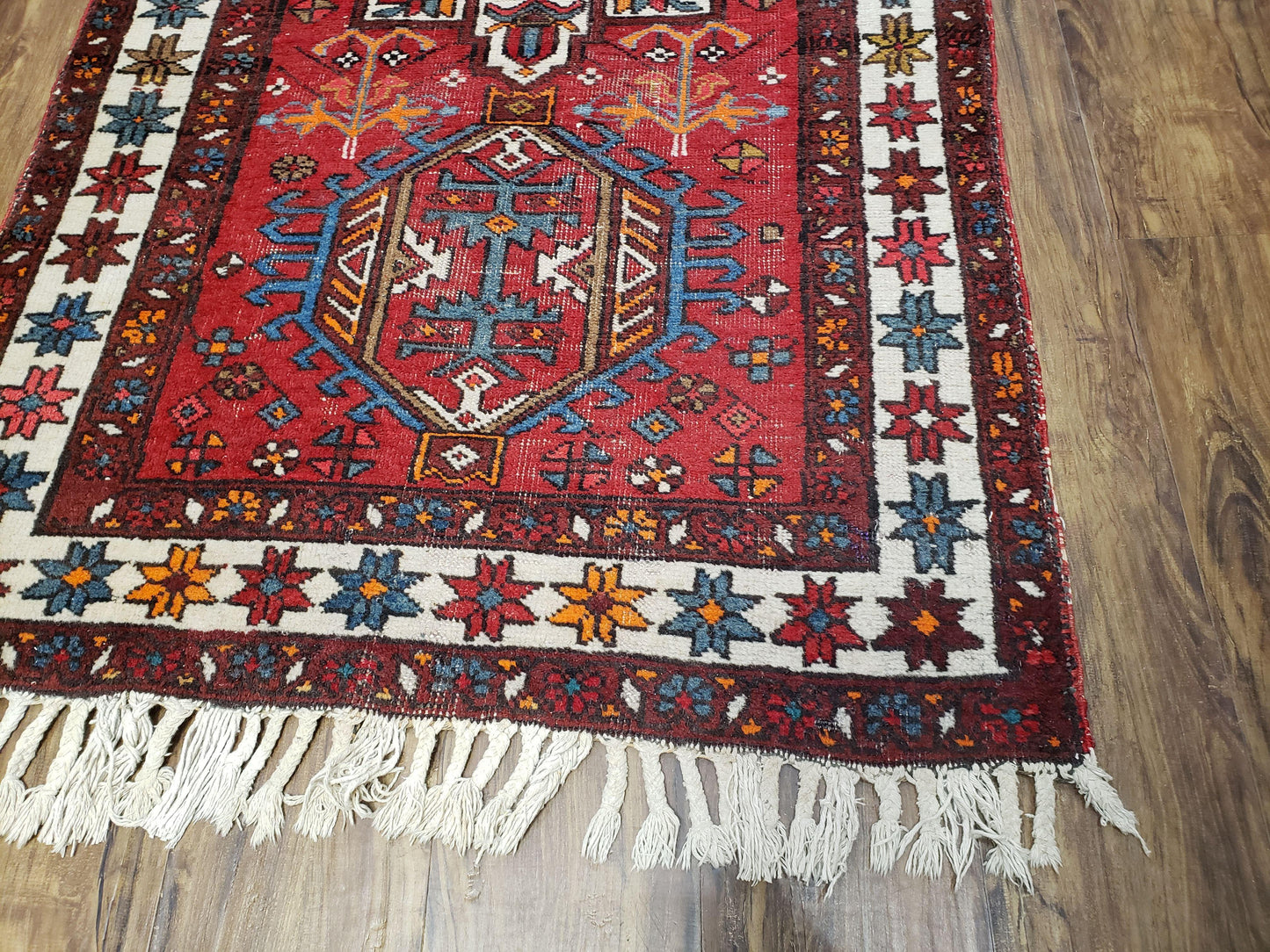 Antique Persian Heriz Karajeh Runner Rug 3x11, Hand-Knotted Red Geometric Medallions
