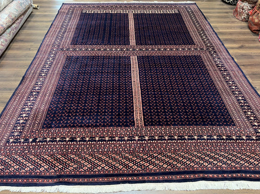 Pakistani Rug 8x11, Hand Knotted Wool Carpet, Navy Blue Red Beige, Four Season Hatchli Design, 8 x 11 Vintage Fine Oriental Rug, Room Sized