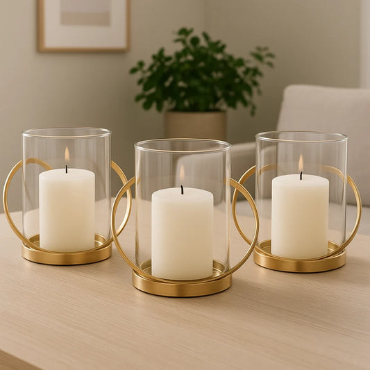 Brass & Glass Hurricane Candle Holders — Set of Three