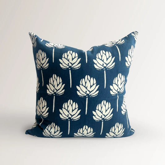 The Lotus Bloom Navy Linen Throw Pillow Cover