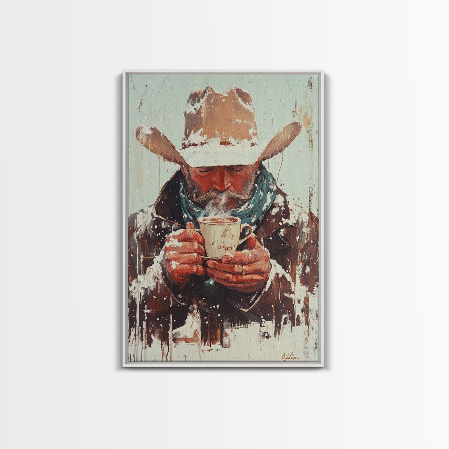 Cowboy Riding Horse in Winter Forest Framed Canvas Print - Moody Winter Landscape Art Perfect 2024 Christmas Home Decor