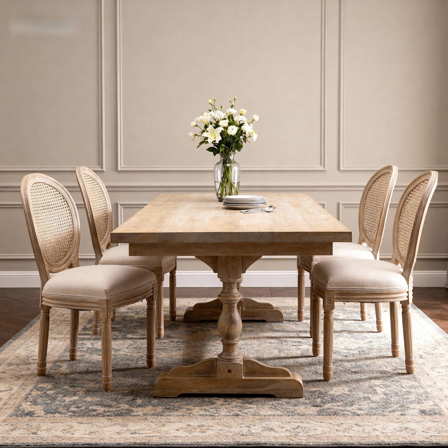 French Style Solid Wood Linen Fabric Rattan Back Dining Chair, Set of 2, Beige