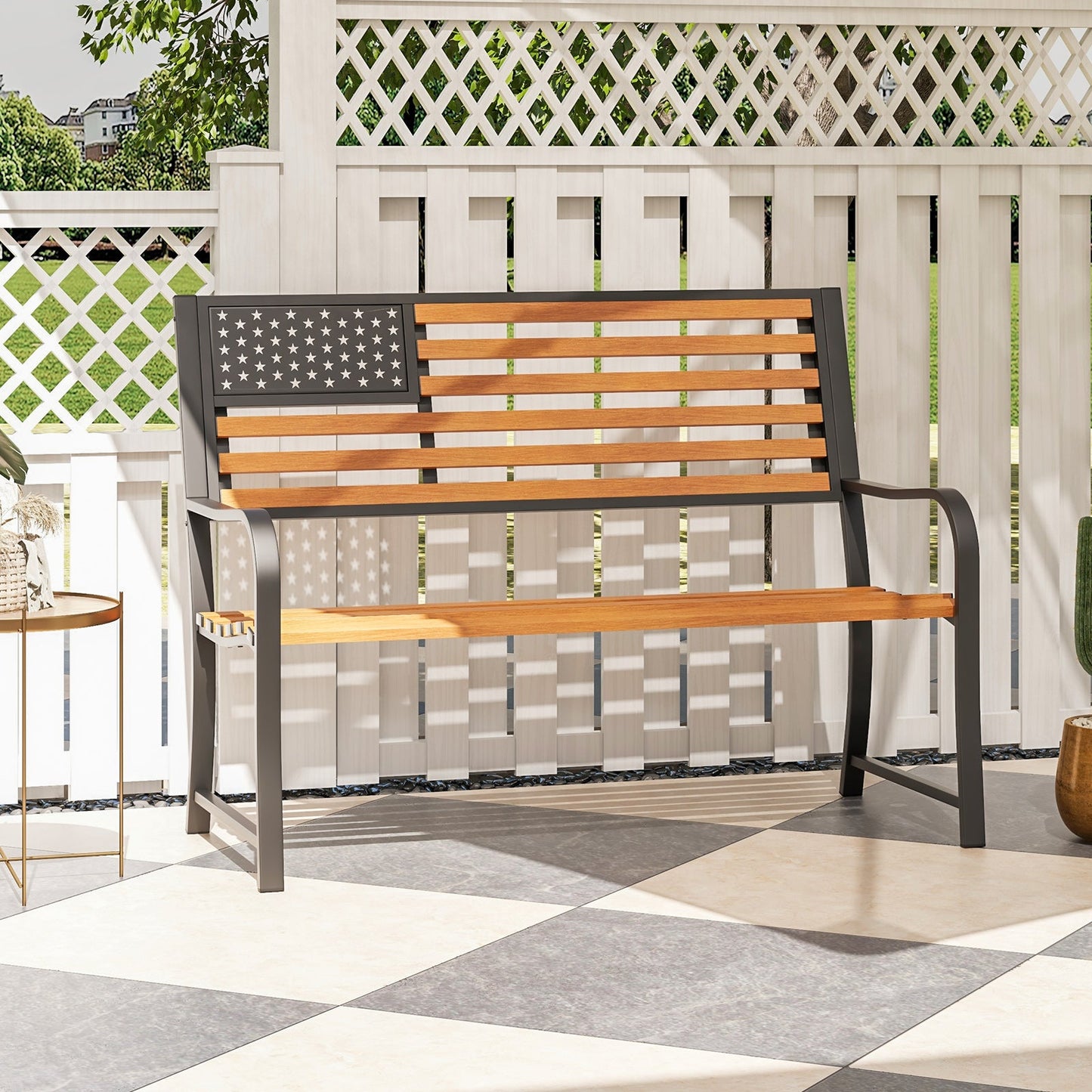 50 Inch Outdoor Garden Bench with Flag Pattern Backrest and Rustic Wood Grain Finish-Brown