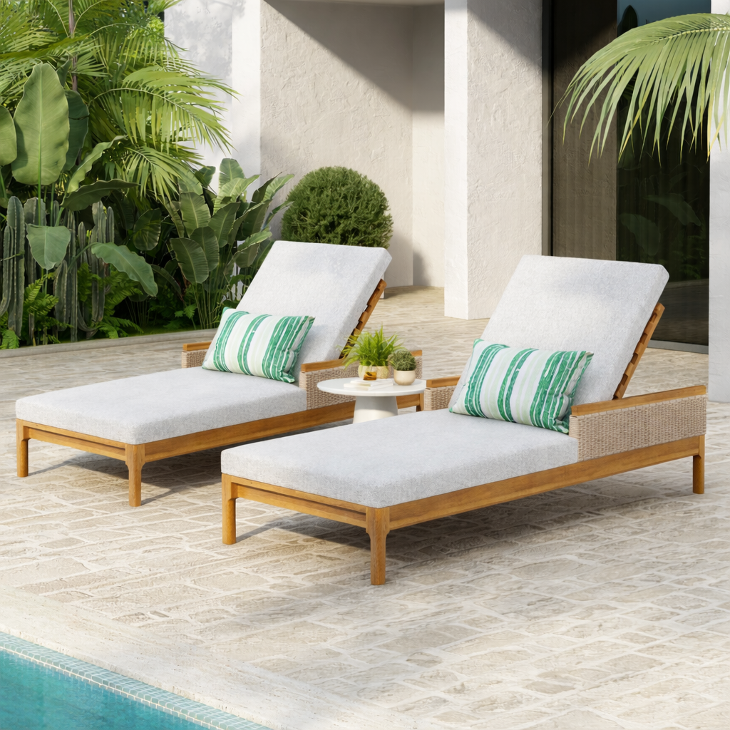 Sun Lounger Set Modern - Acacia Wood, Grey Cushions, Light Grey Wicker, 76.8in