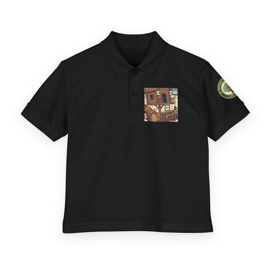 Youth Polo Shirt with Vintage Ski Lodge Pocket & Patch — Kids Outdoor/Resort Style