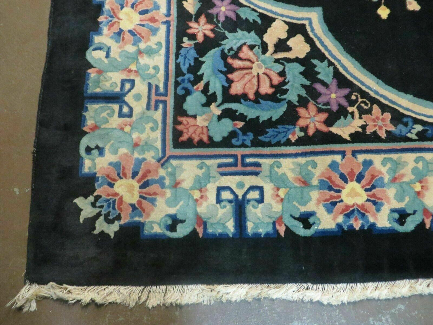 Black Chinese Wool Rug 8x10, Art Deco Floral Carpet, Soft Plush Pile