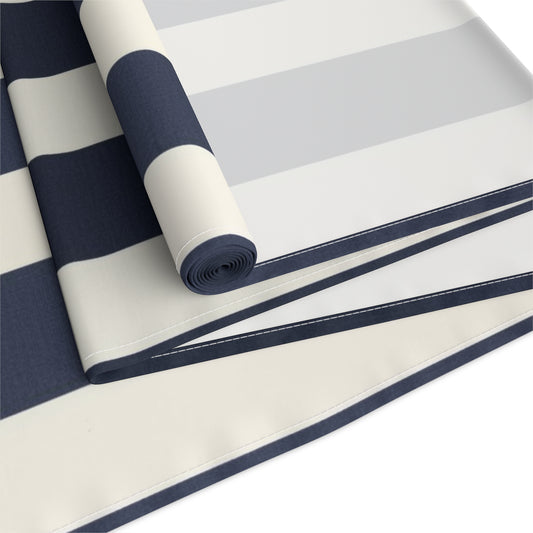 Harbor Cabana Stripe Table Runner - Timeless navy and ivory cabana stripes inspired by coastal yacht clubs, crisp seaside linens, and relaxed East Coast entertaining. Designed for effortless layering from everyday dining to elevated summer tablescapes.