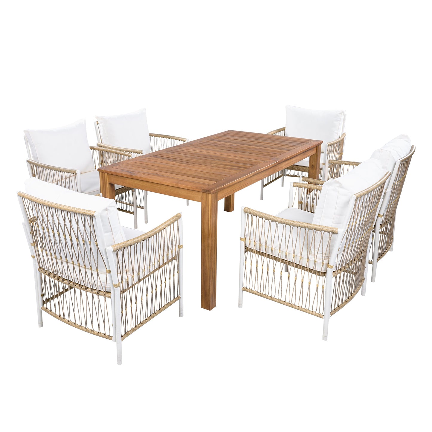Patio Dining Set Rectangular, 67 Inch Wooden Table with 6 Rattan Armchairs