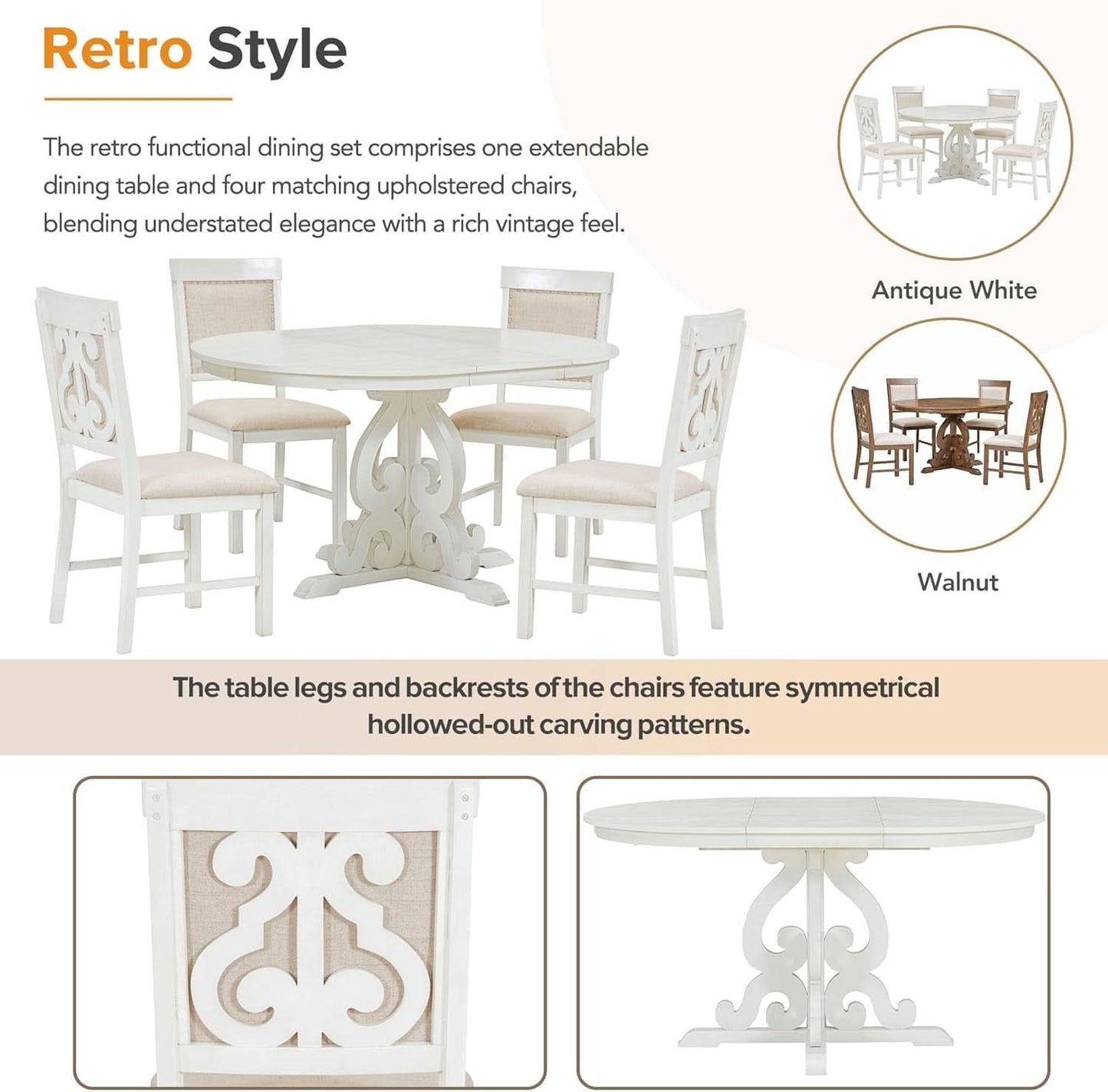 Round Solid Wood Extendable Dining Table Set with Four Matching Upholstered Chairs