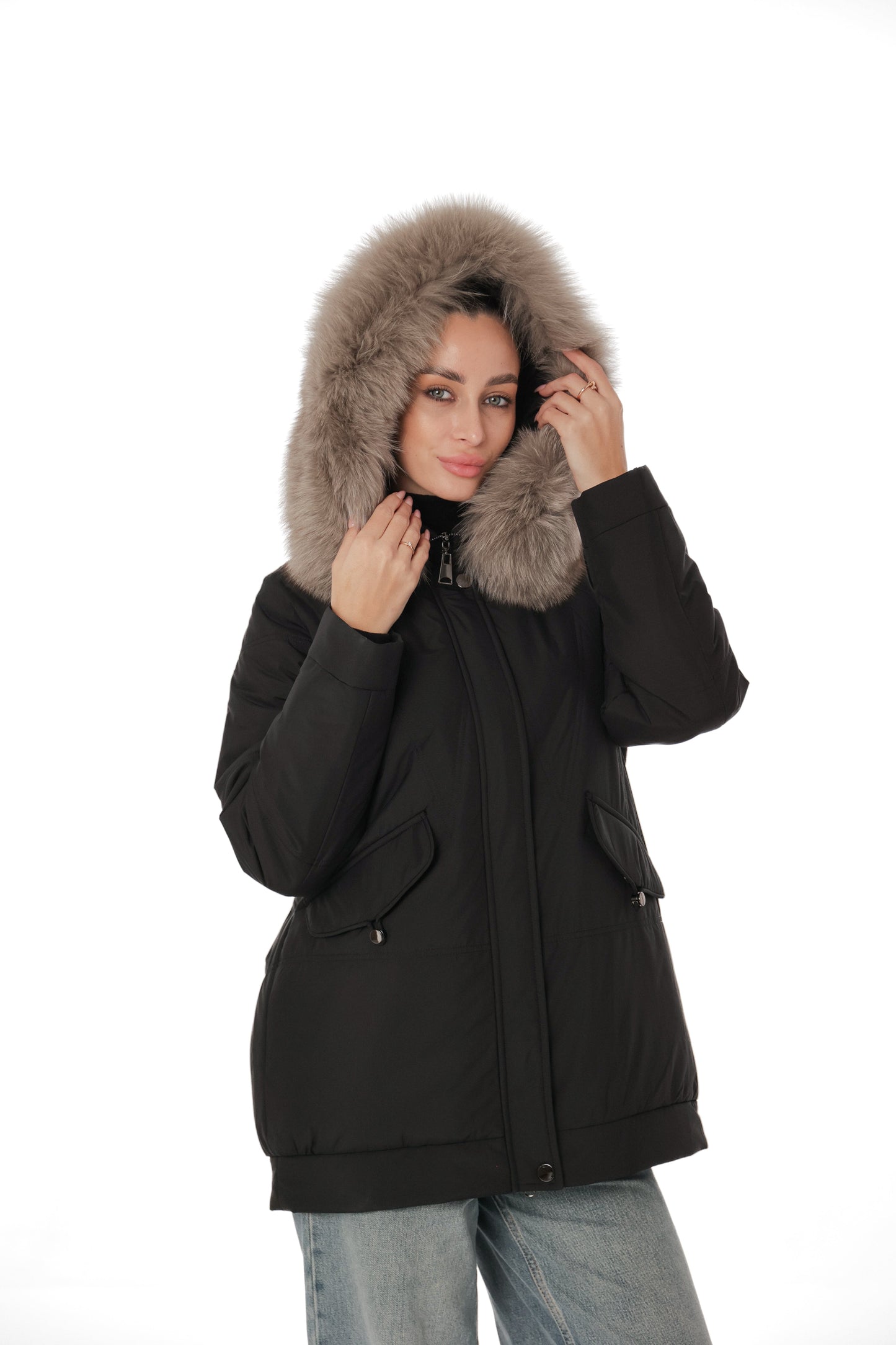 Genuine Polar Fox Camel Wool Blend Coat
