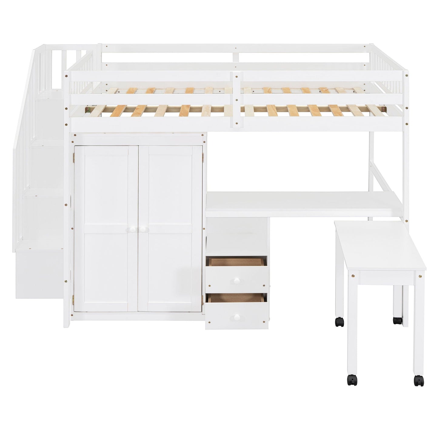Loft Bed With Stairs, Bookshelf, Drawers, Desk & Wardrobe, Space Saving Multifunctional Furniture