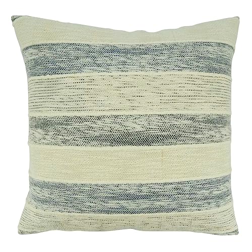A square throw pillow featuring a textured horizontal stripe pattern in cream and slate blue-gray.