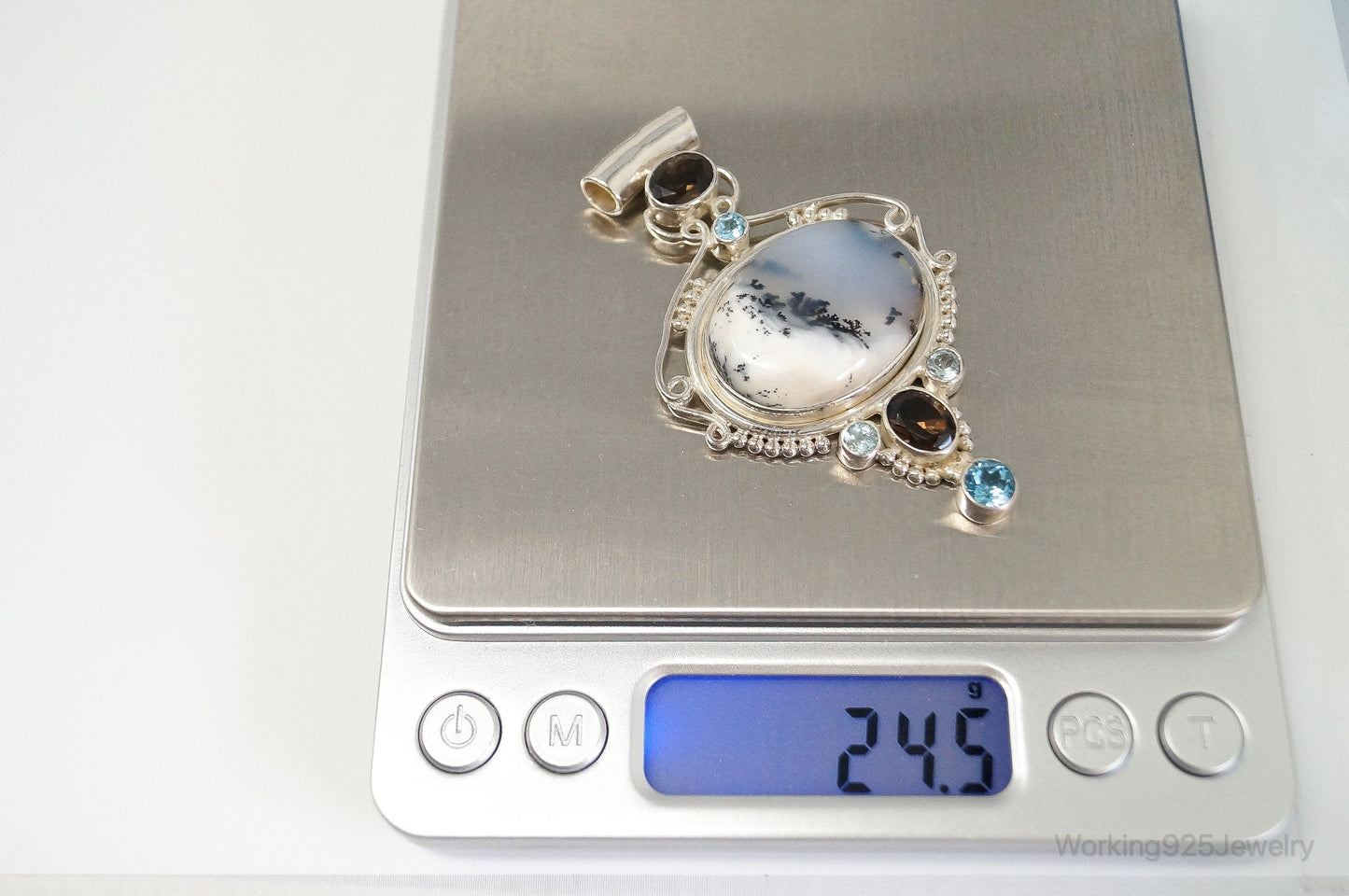 Large SAJEN Dendritic Agate Smoky Topaz Blue Topaz Sterling Silver Pendant