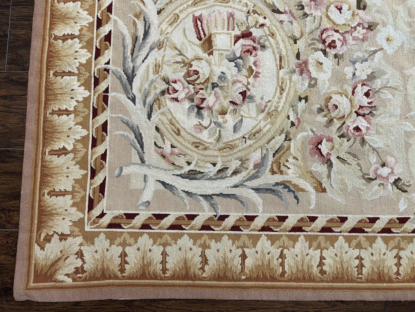Aubusson Rug 9x12, Elegant Savonnerie Carpet 9 x 12 ft, Beige Ivory Tan, Floral, Flatweave Wool Handmade Area Rug 9 x 12 ft, European French