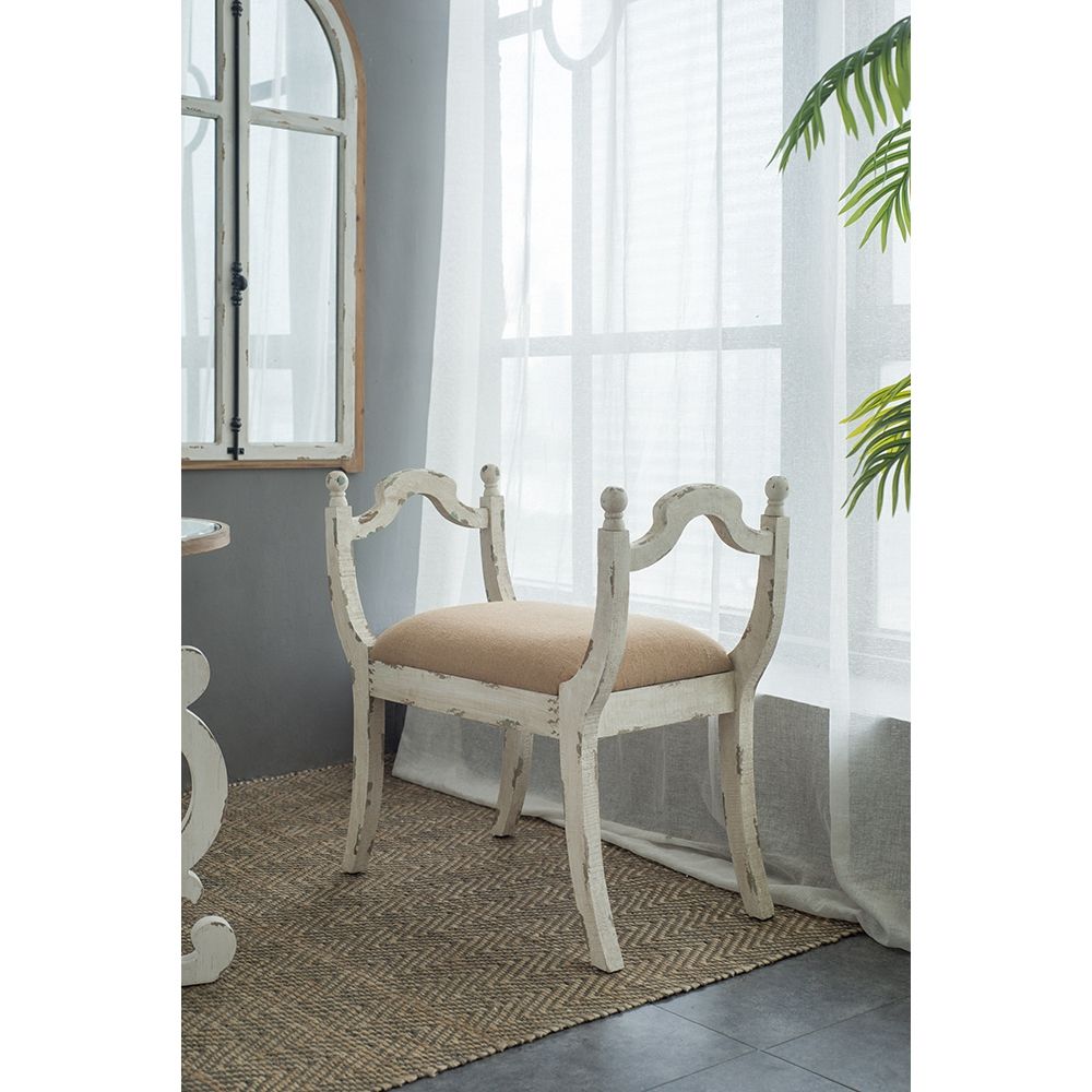 Harlow Country House Bench – Distressed White & Natural Linen