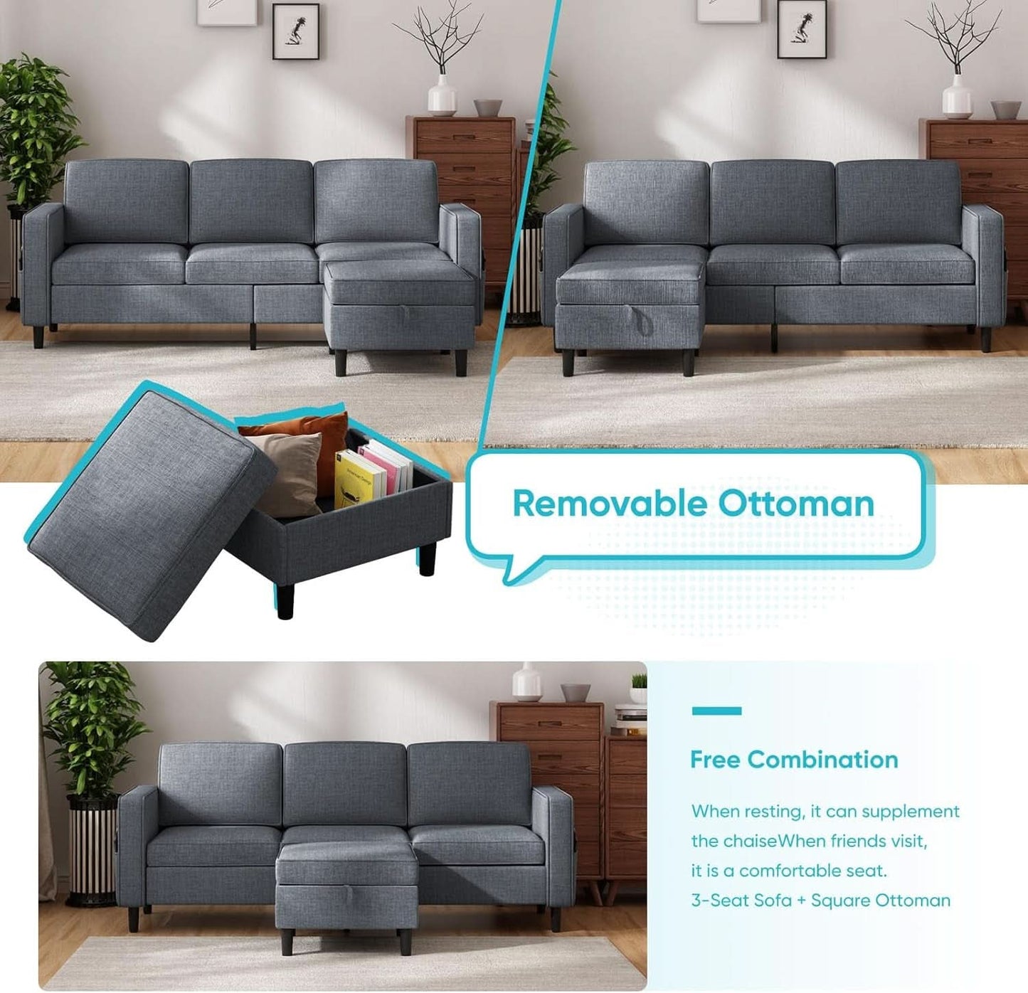 6 Seater Sectional Sofa In Dark Grey Linen With Ottoman
