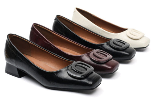 Womens Retro Square-Toe Sheepskin Leather Chunky Heel Pumps | Low Heel Slip-On Dress Shoes