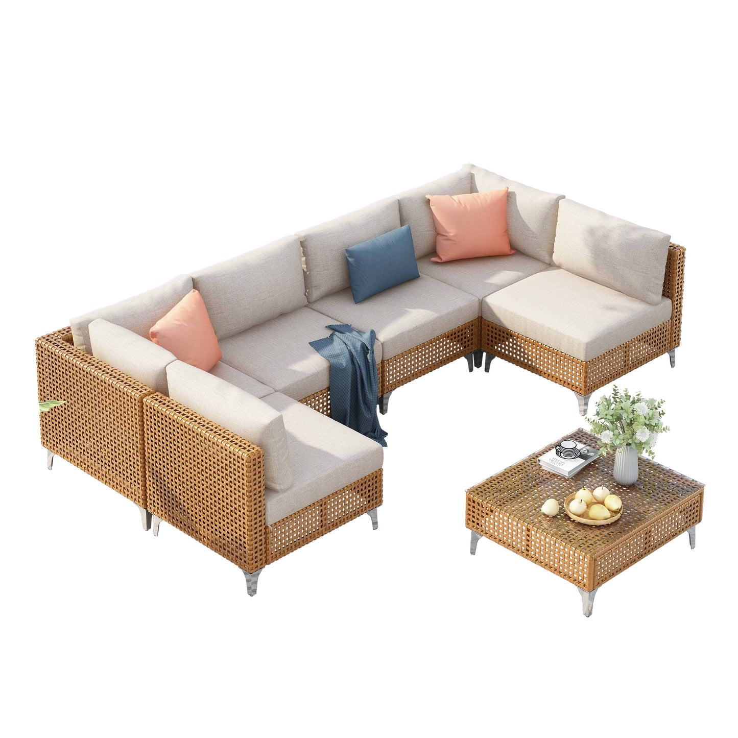 Patio Set Wicker Sectional with Water Resistant Beige Cushions and Coffee Table