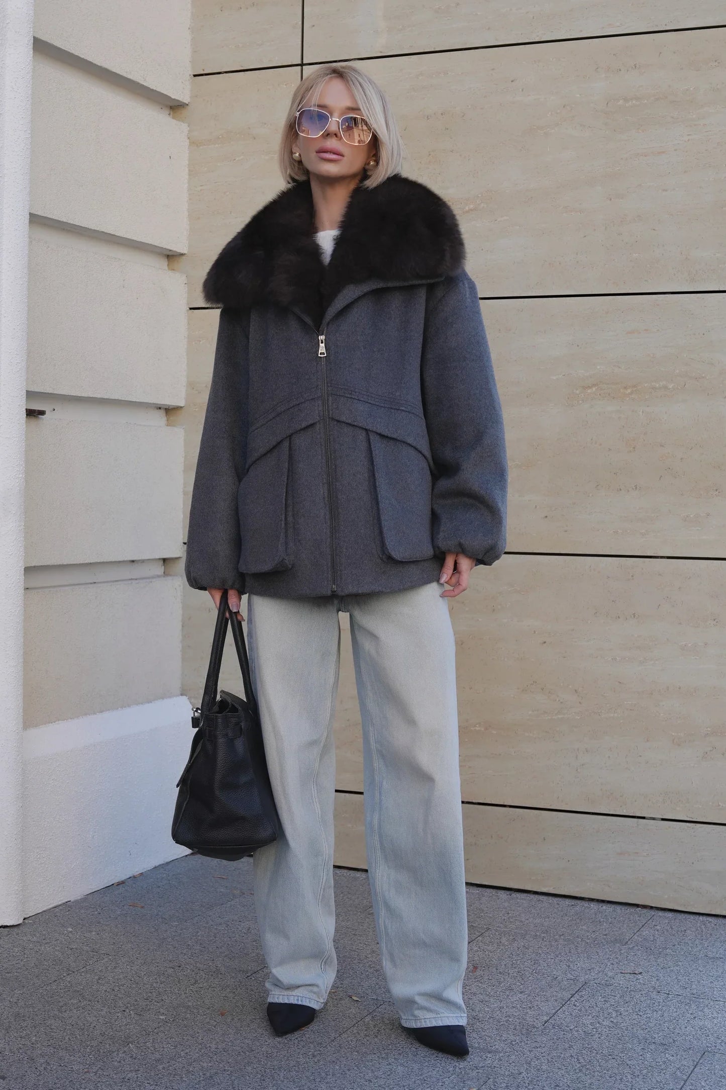 Rimini Genuine Fur Trim Wool Blend Parka in Graphite