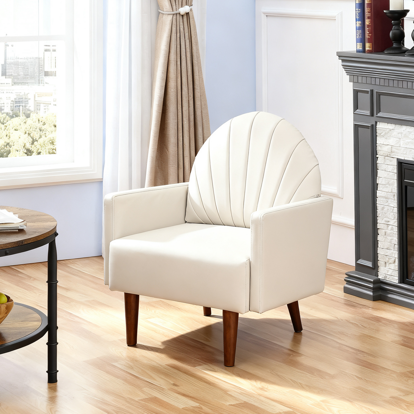 Accent Chair Shell-Shape PU Leather Khaki Solid Wood Legs Easy Assembly