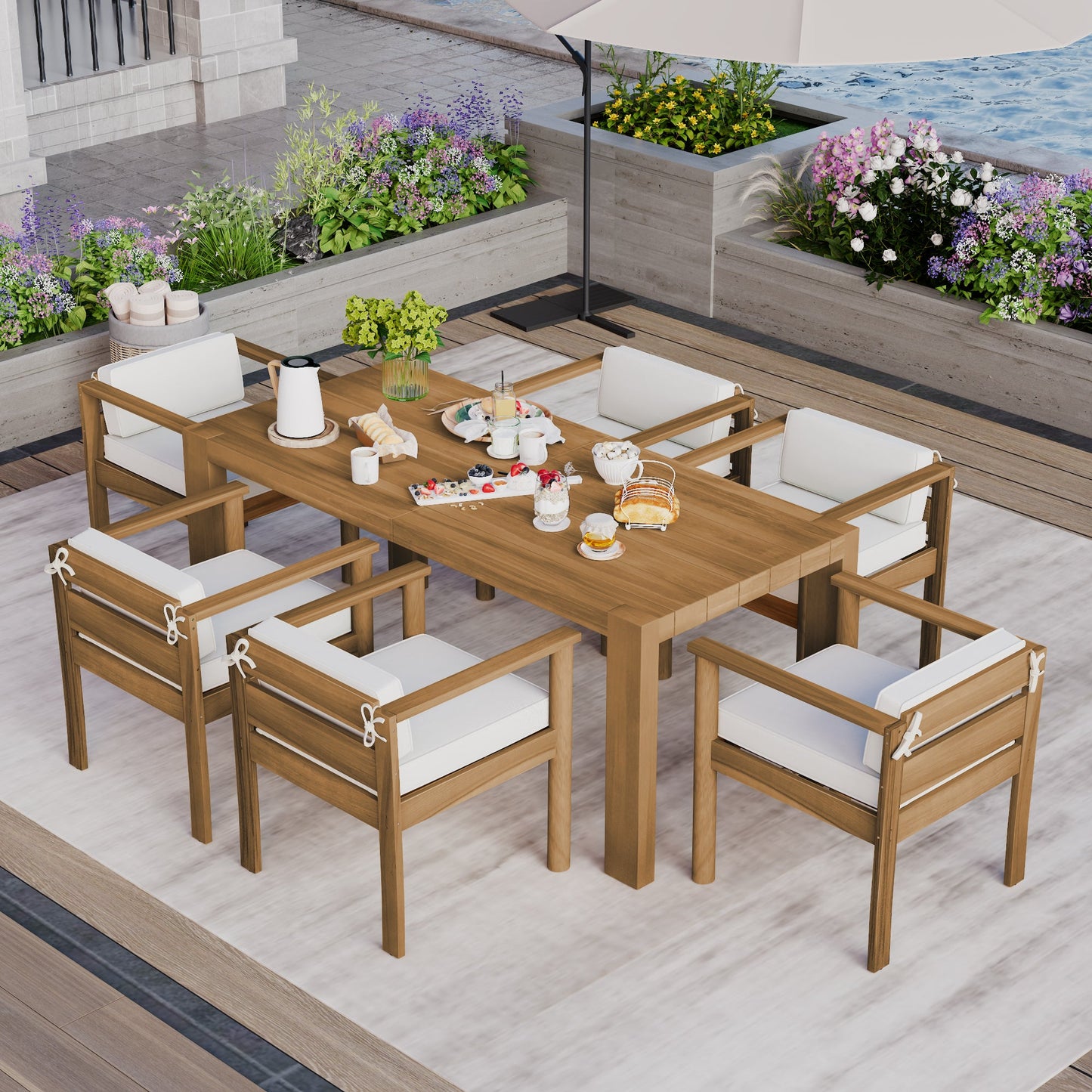 Patio Set Rectangle Light Teak with Removable Cushions for 6 72.8 Inch Table