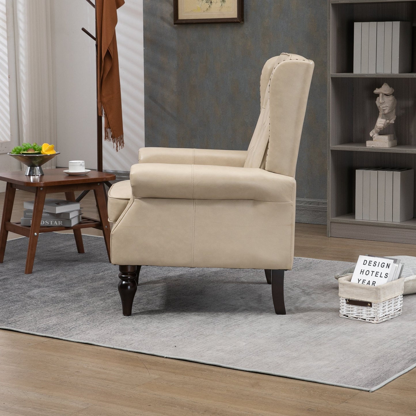Accent Lounge Chair PU Leather Camel Rubber Wood Legs Sinuous Springs 250 LB