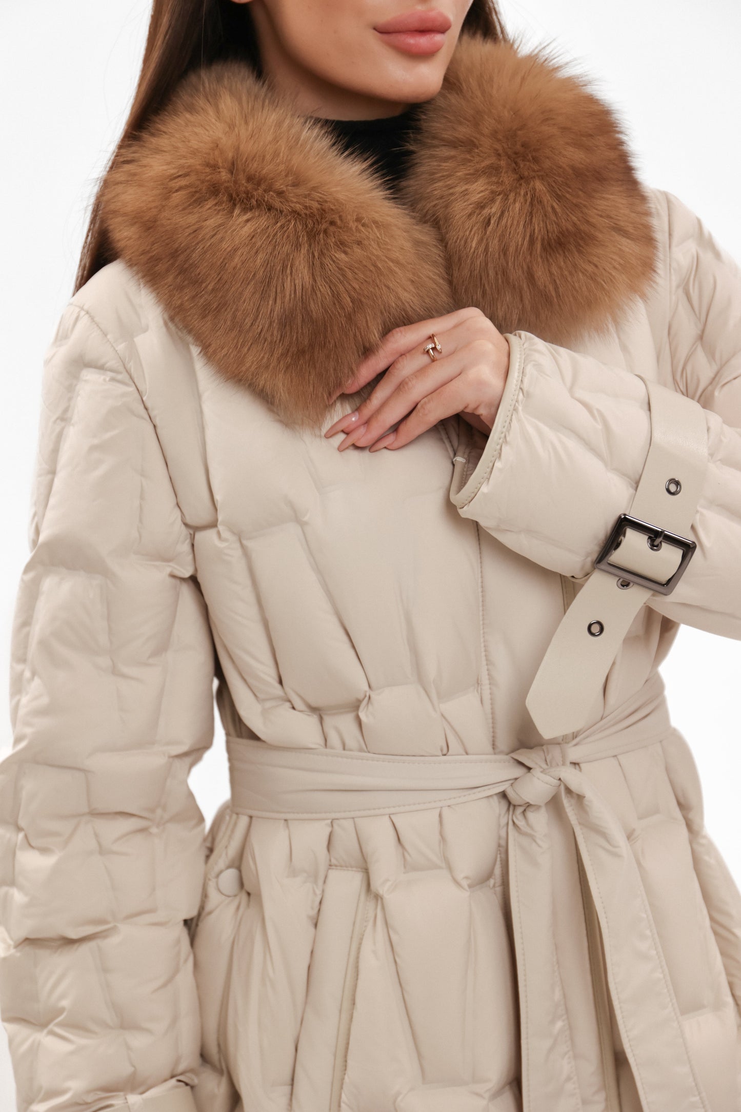 Riley Genuine Fur Trim Down Fill Coat in Ivory