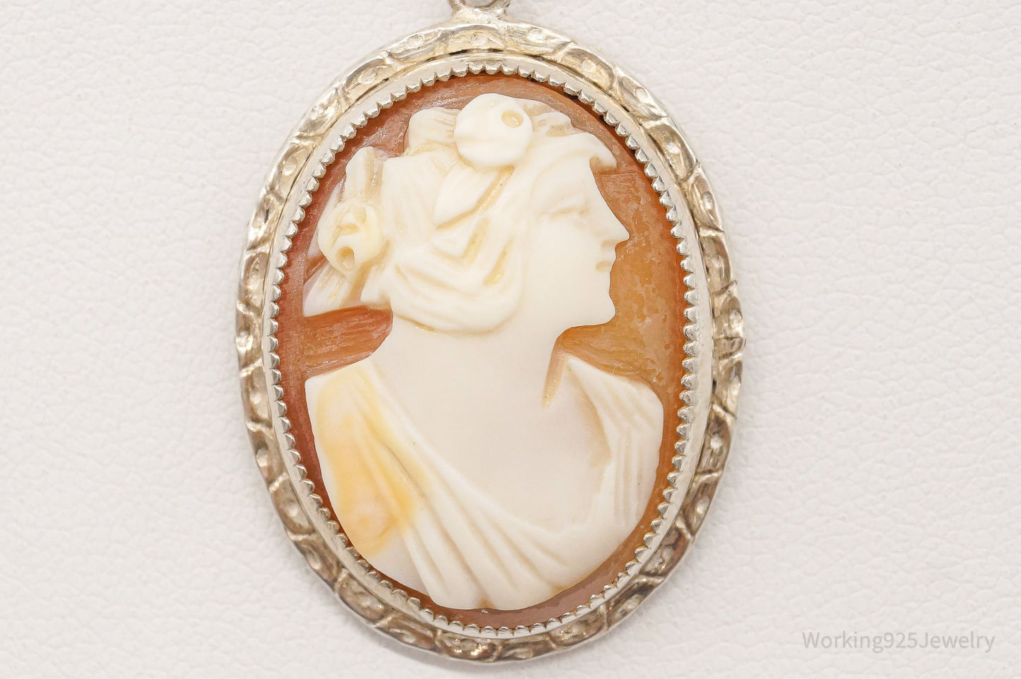 Antique Large Carved Shell Woman Cameo Sterling Silver Necklace