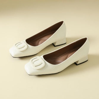 Womens Retro Square-Toe Sheepskin Leather Chunky Heel Pumps | Low Heel Slip-On Dress Shoes