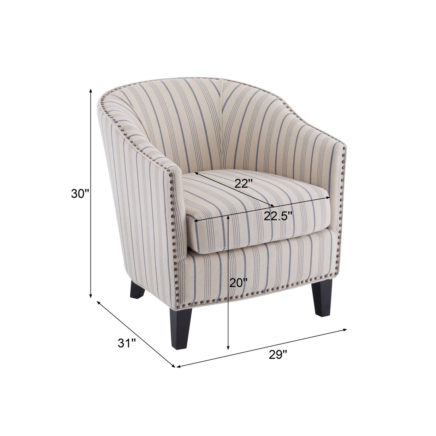 Transitional Upholstered Blue and Beige Stripe Barrel Chair with Birch Wood Legs
