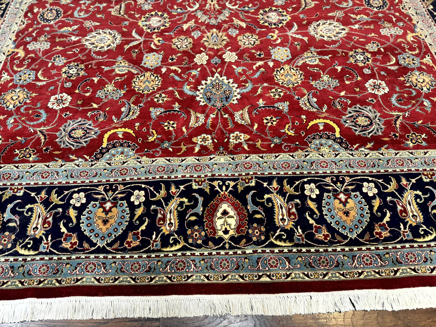 Pak Persian Rug 9x12, Red and Navy Blue, Floral Allover, Hand Knotted Vintage Wool Carpet, Fine 260 KPSI