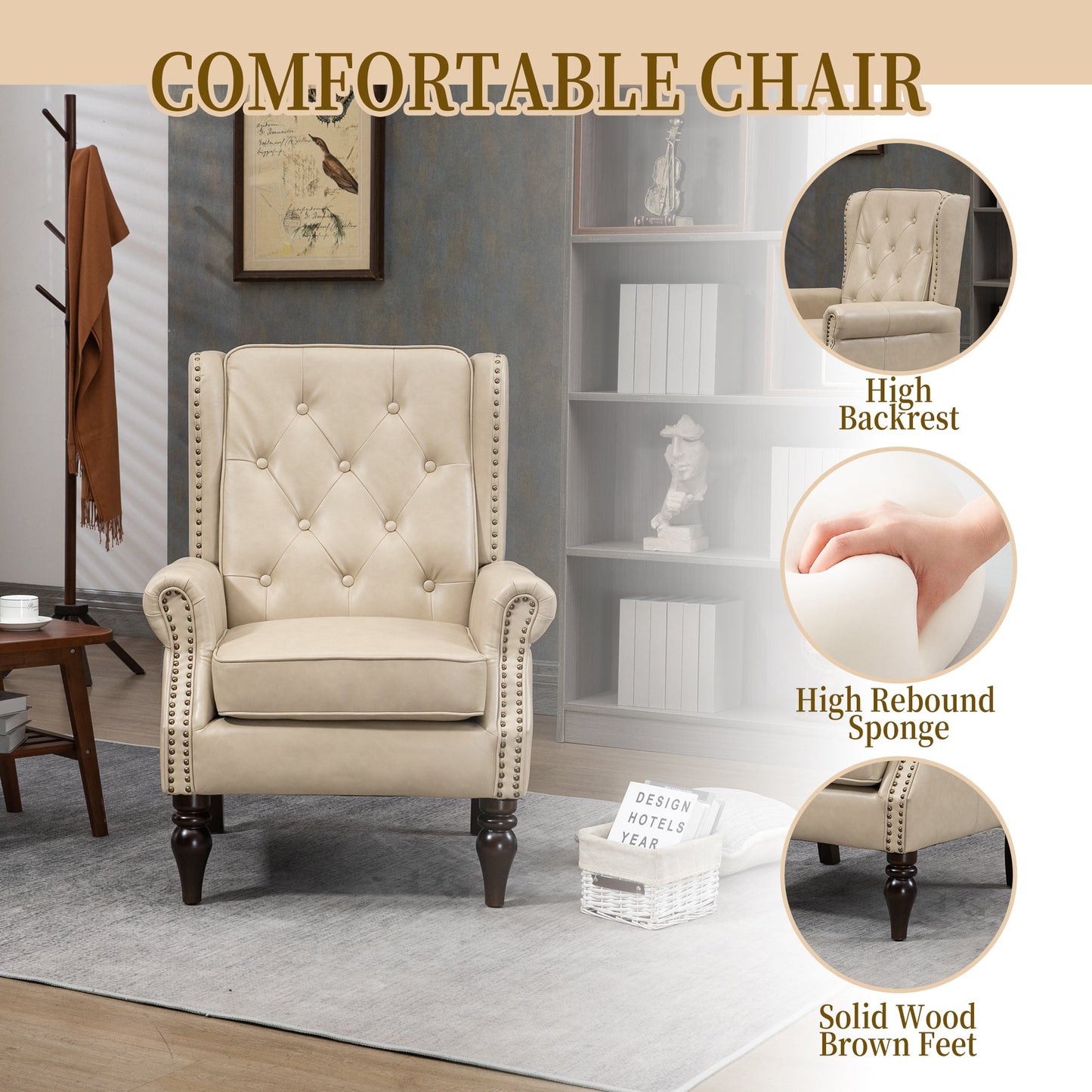 Accent Lounge Chair PU Leather Camel Rubber Wood Legs Sinuous Springs 250 LB