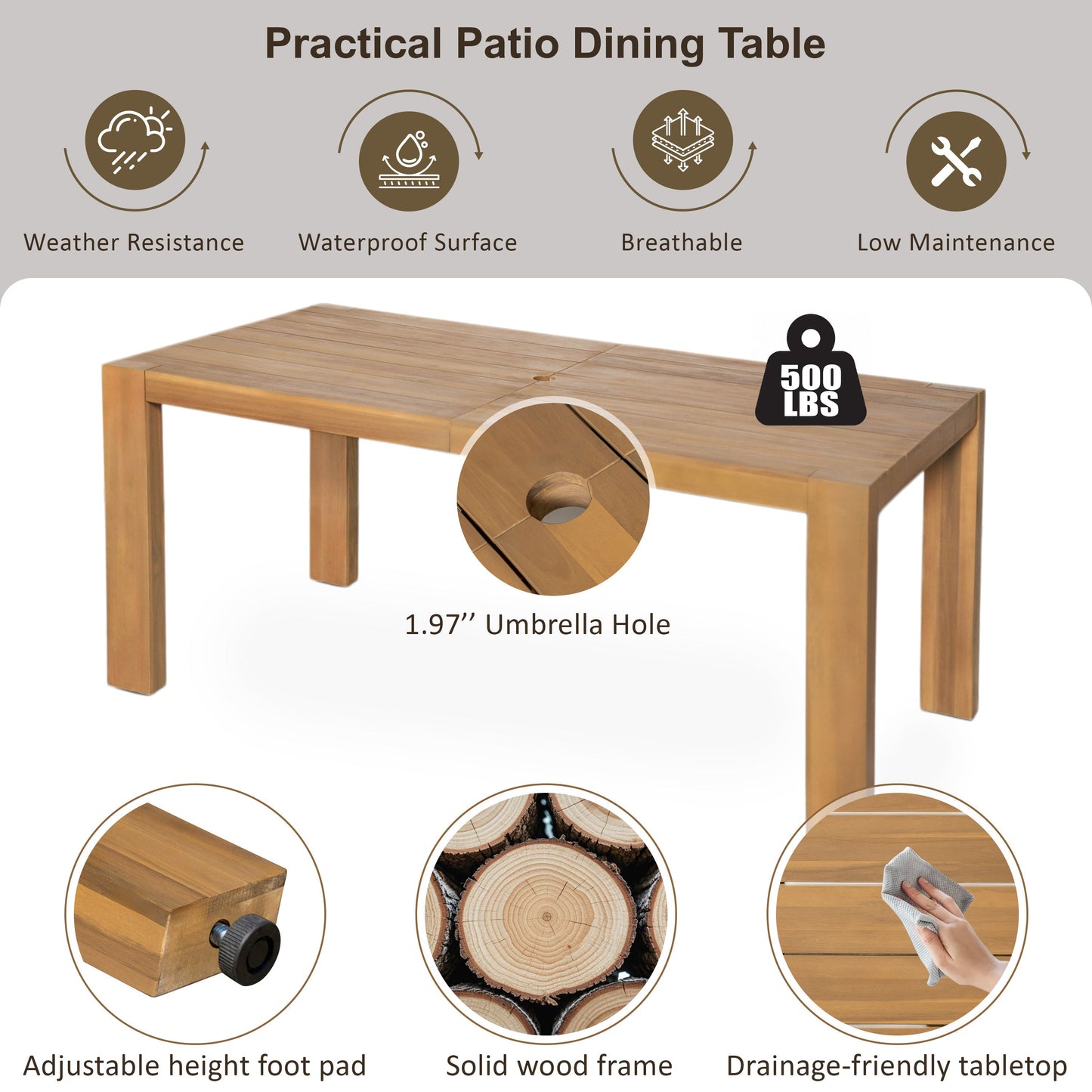 Patio Set Rectangle Light Teak with Removable Cushions for 6 72.8 Inch Table